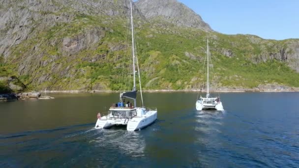 Aerial Drone View Two Catamarans Steep Mountain Coast Sunny Norway — Stock Video