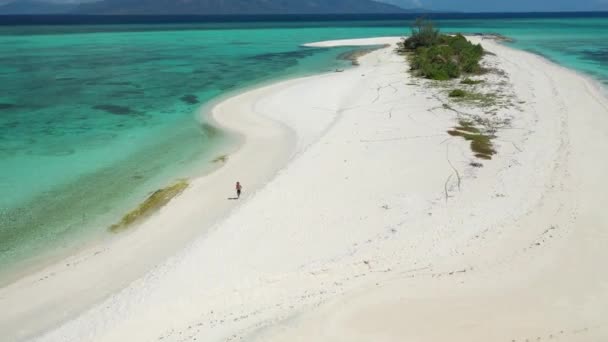 フィリピンの小さな熱帯の無人島クレスタ ガロの完璧な白い砂浜を若者とフィットマンが走ります — ストック動画