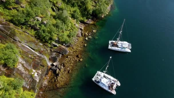 Luchtfoto Rond Een Twee Catamarans Verankerd Aan Kust Van Het — Stockvideo
