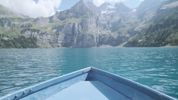 Pov Shot Prow Row Boat Blue Lake Oeschinen Switzerland — Stock Video