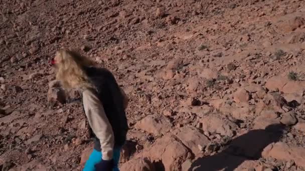 Eine Wanderin Wandert Einen Steinigen Pfad Hinunter Und Begegnet Einer — Stockvideo