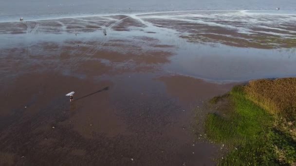 Surfer Steigen Mit Surfbrett Aus Dem Wasser Vicente Lopez Fluss — Stockvideo