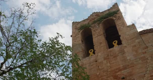 Квадратная Колокольня Полуамфибийными Арками Церкви Сан Пере Пальс Вальсе Каталония — стоковое видео