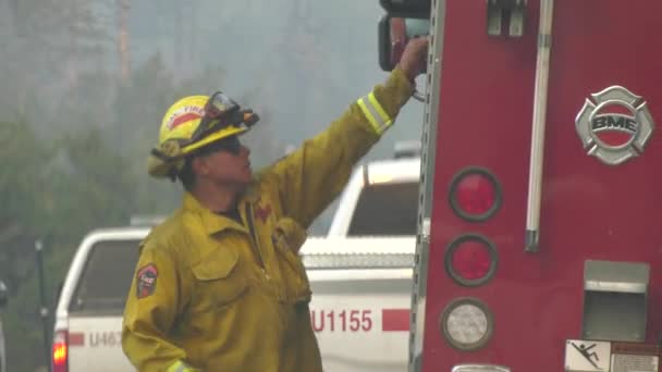 消防士は大規模な炎と戦う準備をして — ストック動画