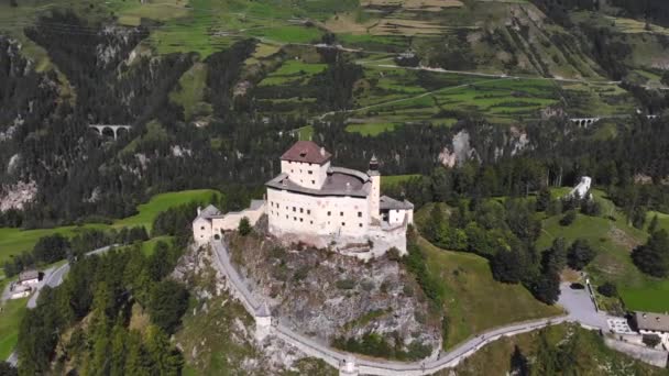 Aerial Medieval Tarasp Castle Air — Stock Video