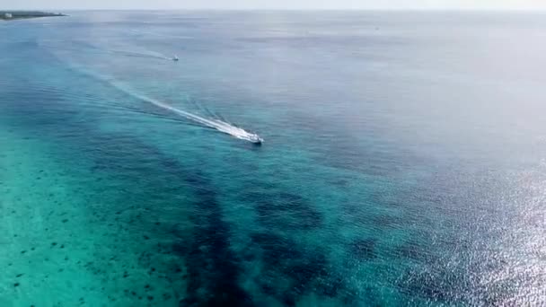 Luchtfoto Van Een Kleine Boot Die Een Wake Creëert Caribische — Stockvideo