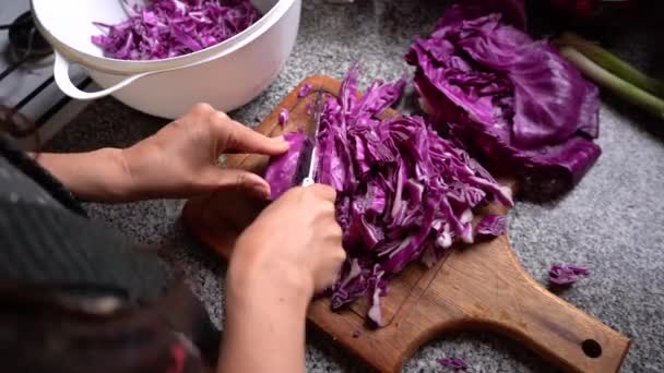 Rode Kool Hakken Een Houten Snijplank Keuken Algemene Kosten — Stockvideo