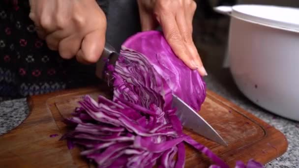 Kırmızı Lahana Doğrama Blaukraut Mutfaktaki Tahta Tahtada Kapat — Stok video