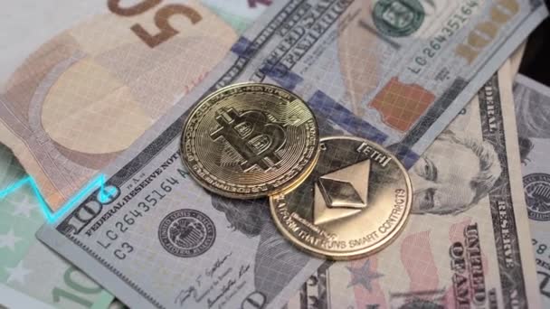 Animowany Wykres Wartości Kryptowaluta Bitcoin Ethereum Monety Dolary Euro Motion — Wideo stockowe
