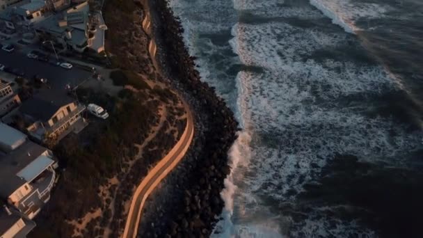 Aerial View Waves Hitting Cliffs San Diego Sunset California Tilt — Stock Video