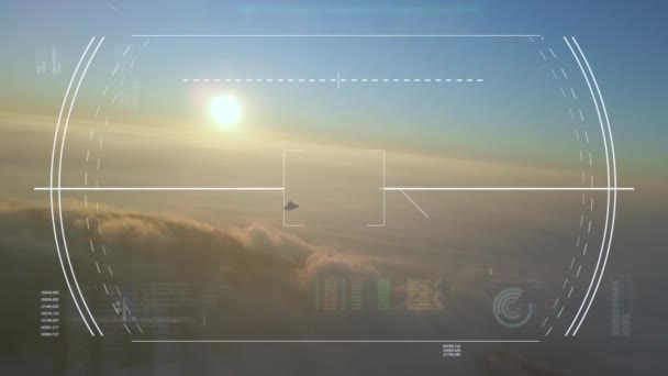 Tracciamento Oggetto Volante Non Identificato Sopra Montagne Nuvole Hud Render — Video Stock