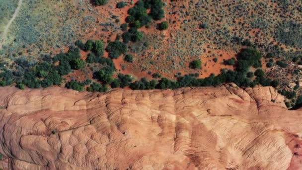 南ユタ州のスノーキャニオン州立公園の砂漠に緑の葉を持つ信じられないほどの赤い肥えた砂丘の豪華な空中ドローントップバードの目の景色 — ストック動画