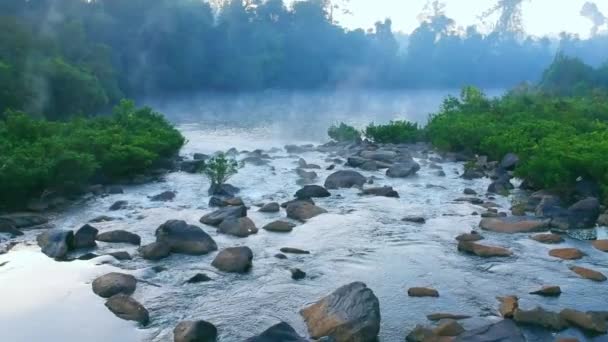 Luftaufnahme Eines Fließenden Flusses Mit Felsen Und Steinen Inmitten Eines — Stockvideo