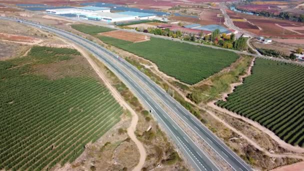 Silnice mezi vinicemi pro výrobu vína na vinici v blízkosti řeky v La Rioja, Španělsko