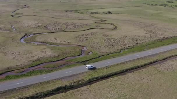 Samochód Podróżuje Malowniczej Trasie Otwartej Trawie Islandii Aerial — Wideo stockowe