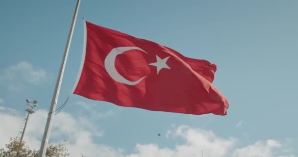 터키인붉은 깃발에 초승달 모양의 느림보로 브라이트 스카이 아래서 열정적으로 흐르는 — 비디오