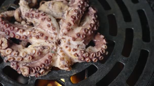 Cinemática Cámara Lenta Cerca Toma Delicioso Pulpo Fresco Parrilla Una — Vídeo de stock