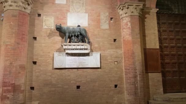 Skulptur Hund Väggen Torre Del Mangia Siena Toscana Italien Handhållen — Stockvideo