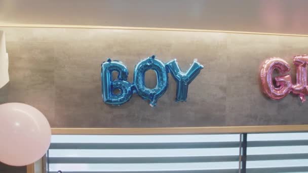 Indoor Gender Reveal Party Blue Letter Balloons Spelling Word Boy — Stock Video