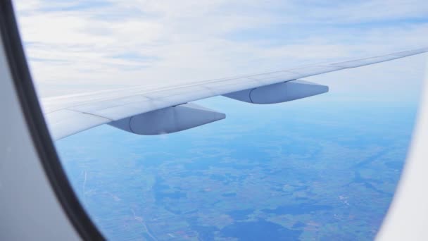 Flying Plane View Plane Wing Engines Plane Window Pan Backwards — Stock Video