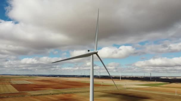 View Drone Wind Generators Farm Autumn Fields White Clouds Background — Stock Video