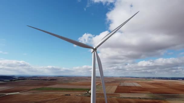 Circling View Rotating Wind Turbine Middle Field Sunny Day Blue — Stock Video