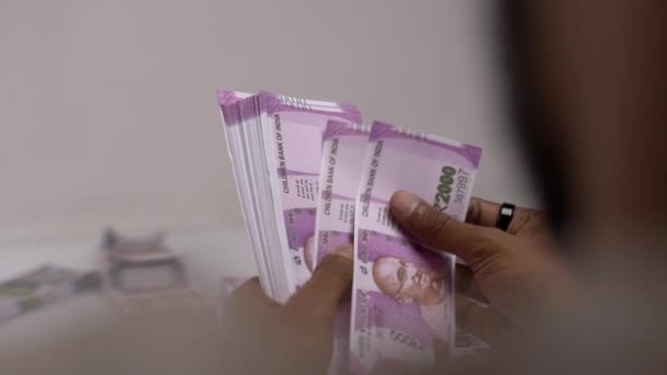 Руки Подсчета Денег Индийские Банкноты Пакет — стоковое видео
