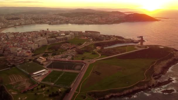 Spanje Coruna Uitzicht Stad Vanaf Oude Romeinse Vuurtoren Klif Met — Stockvideo