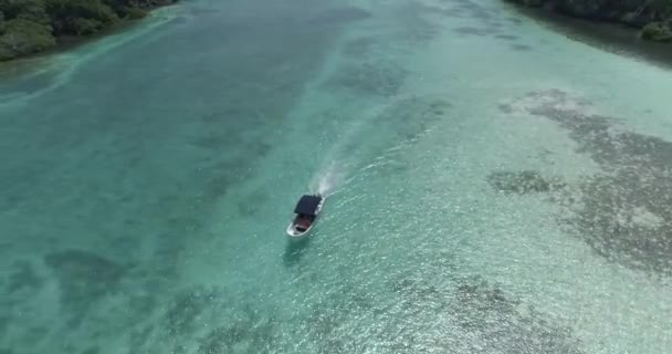 Aerial View Tracking Fishing Boat Sailing Tropical Mangrove Forests Los — Stock Video