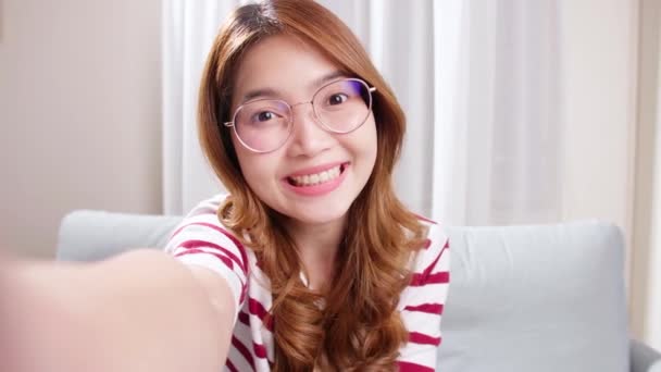 Portrait Selfie Asian Woman Eyeglasses Smiling Laughter Being Positive Emotions — Stock Video