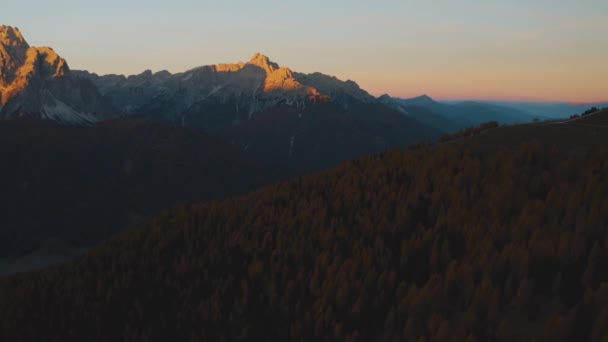 Aerial Drone Shot Dark Pine Tree Forest Giant Mountain Range — Vídeos de Stock