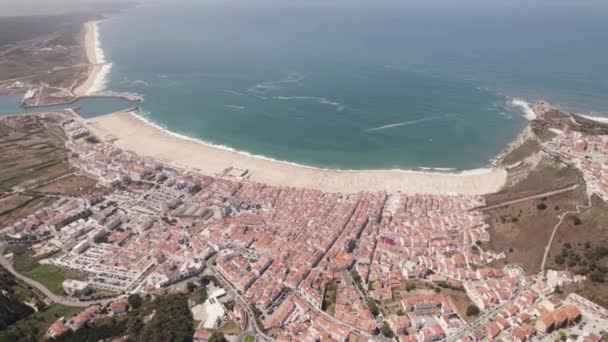 Wide Aerial Drone View Nazare Gulf Cityscape Portugal — Stock Video