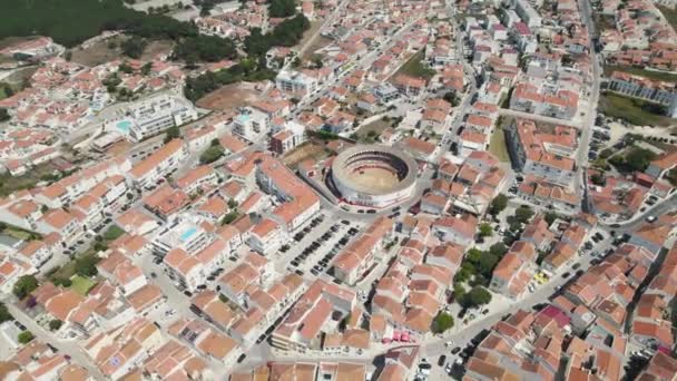 Flyger Över Nazare Stad Och Tjurar Praa Touros Portugal Flygdrönare — Stockvideo