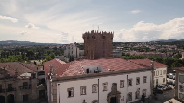 Torre Homenaje Del Castillo Chaves Portugal Vista Aérea Del Dron — Vídeos de Stock