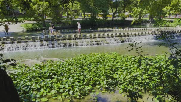 Människor Går Små Vattenfall Stadspark Med Vackra Träd Som Solig — Stockvideo