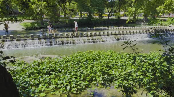 Gente Cammina Una Piccola Cascata Parco Cittadino Con Bellissimi Alberi — Video Stock