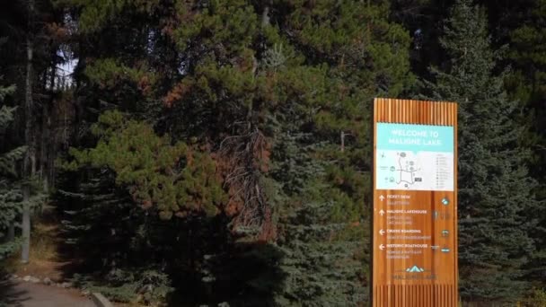 Willkommen Bei Maligne Lake Sign Hiking Path Jasper Nationalpark Alberta — Stockvideo