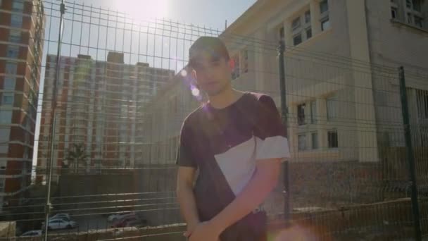 Portrait Young Man Standing Basketball Court Parallax — Stock Video