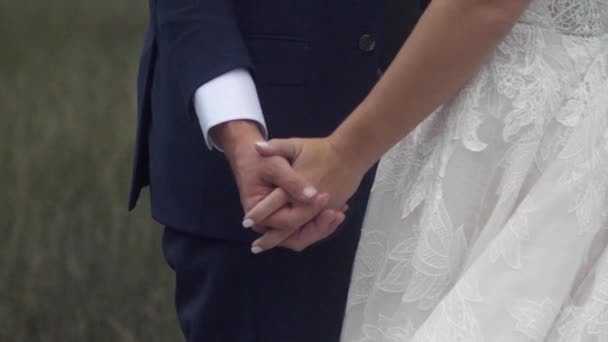 Brudgummen Håller Hand Och Flyttas Fotografen — Stockvideo