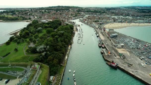Nothe Fort Harbor Weymouth England Aerial Pullback — Stock Video