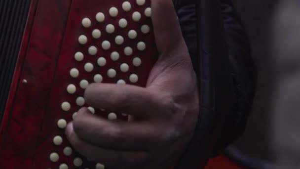 Detail shot of hand of man playing music on the accordion.