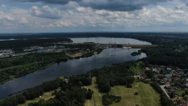 Algirdas Brazauskas Hydroelectric Power Plant Kaunas City Rainfall Distance Aerial — Stock Video