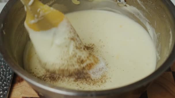 Mixing Mashed Potato Spices Deep Cooking Pan — Stock Video