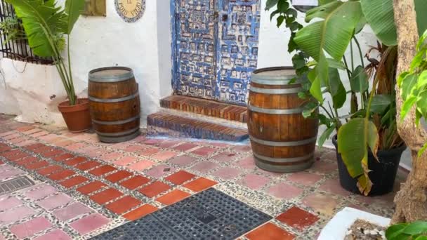 Típica Calle Española Casco Antiguo Marbella Con Hermosa Puerta Azul — Vídeos de Stock