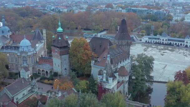 Vajdahunyad Castle Aerial Orbital Motion Shot Hungary Travel Destination Attraction — Stock Video