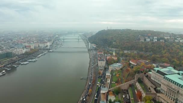 Budapest Danube River Hyperlase Air Drone Shot Cityscape Hungary — стокове відео