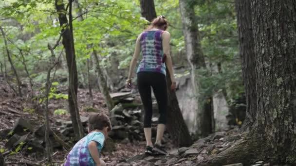 後ろから見える染料のシャツで森の中を歩く子供と女性 — ストック動画