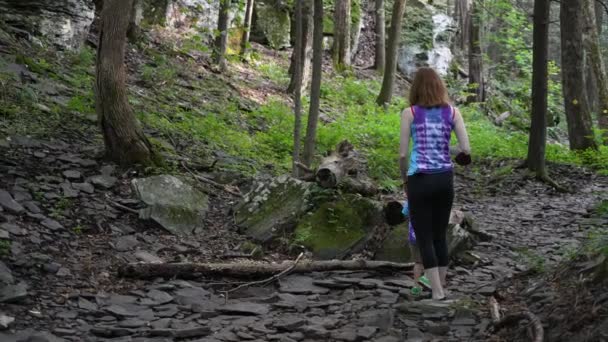 Mother Guiding Her Son Journey Weekend Forest — Stock Video