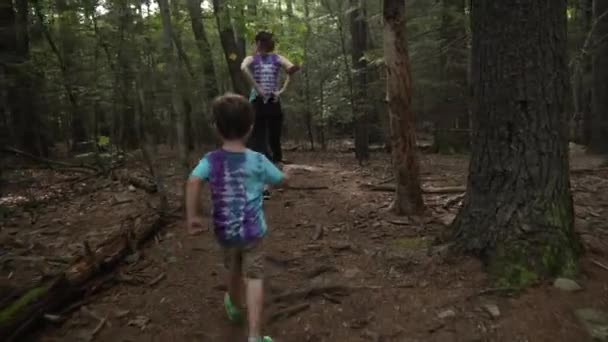 Orman Gezisi Sırasında Annesinin Arkasından Yürüyen Küçük Bir Çocuğun Çekimini — Stok video