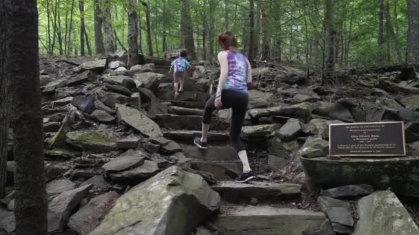 Mom Kid Walking Upstairs Rocky Forest Exterior — Stock Video